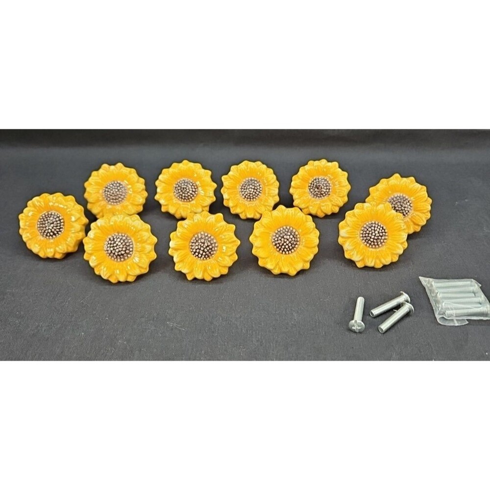 Vintage Ceramic Sunflower Drawer Knobs Pulls with bolts Colorful Lot of 9